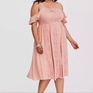 Torrid Cold-Shoulder Blush Midi Dress Lace Inset